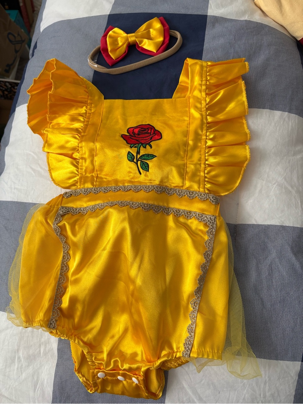 Belle- Yellow Satin Rose Romper with Bow Headband